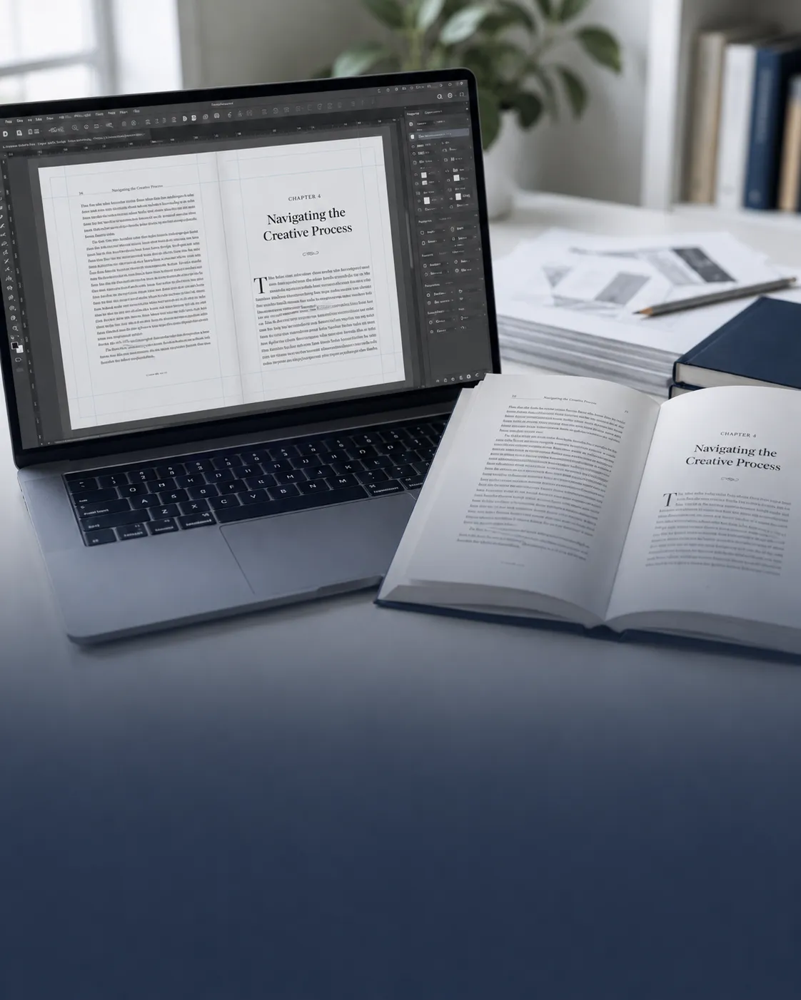A book interior laid out in InDesign on a laptop, with the same chapter opening shown printed and bound in the finished paperback beside it.