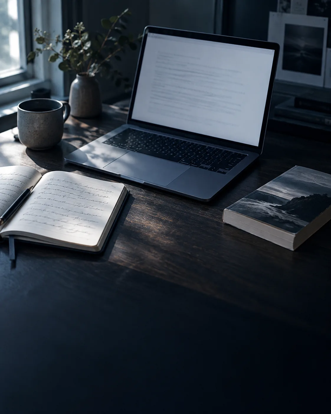 A writer's desk at first light with a plain email draft open on a laptop, beside a notebook of handwritten notes and a paperback.