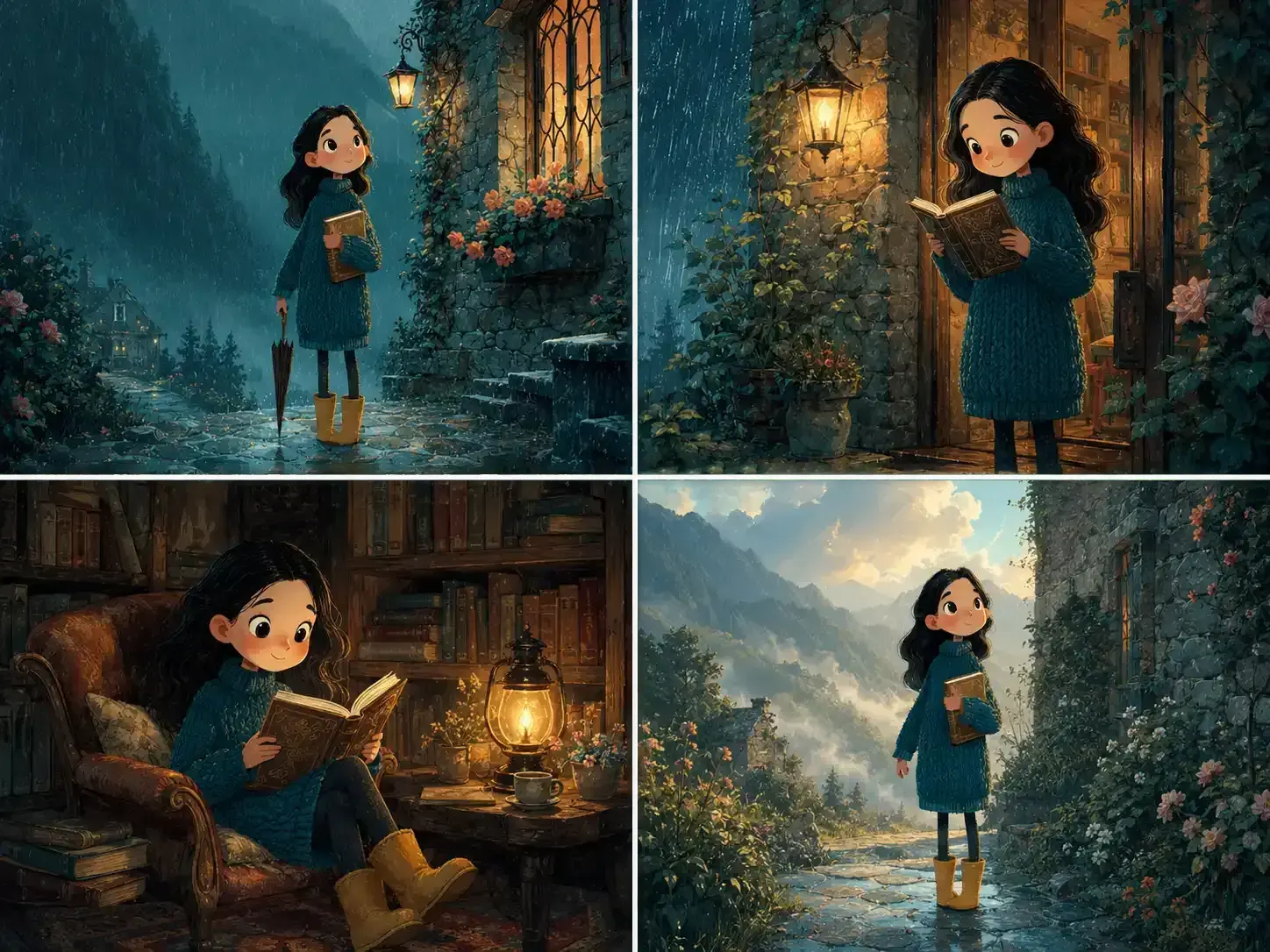 Four scenes of Lira in a teal knitted sweater and yellow boots, standing in rain, reading in a lamplit doorway, reading in an armchair, and walking wet cobbles.