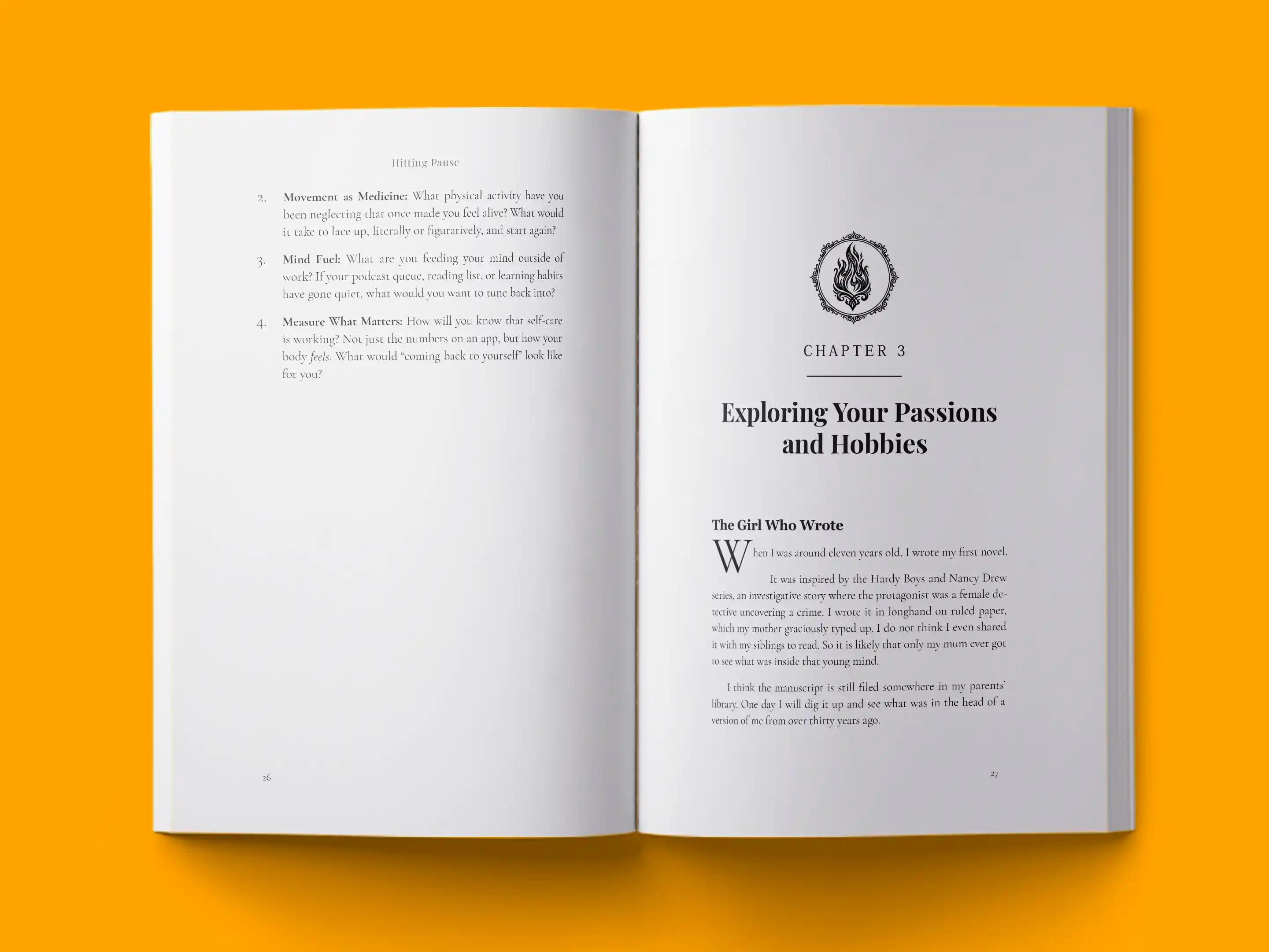book formatting sample for HITTING PAUSE by Private Client, showing Self-Help interior page layout by HMD Publishing