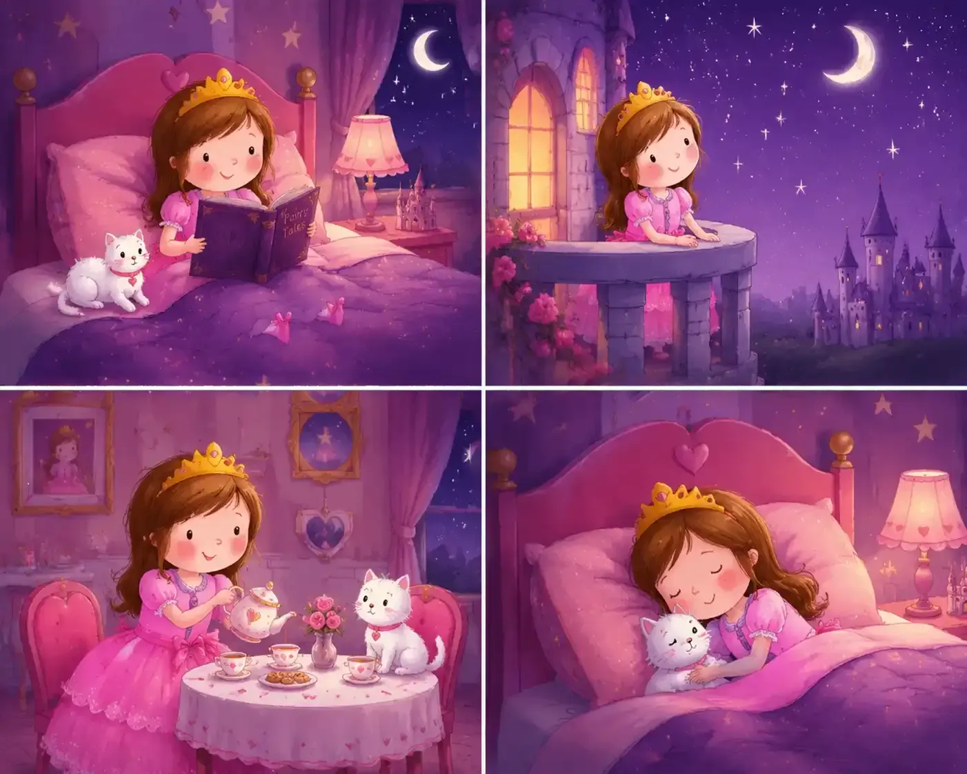 Four evening scenes of Seraphina in a pink dress and gold tiara reading in bed, watching a crescent moon from a balcony, pouring tea, and asleep with a white kitten.