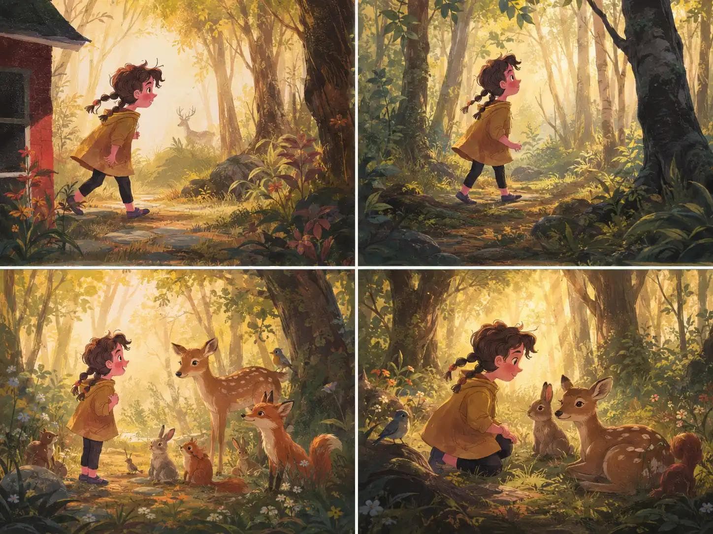 Four textured-gouache scenes of Sylvie in a mustard coat leaving a red cabin, walking a forest path, and meeting a fawn, fox, rabbit and squirrel.