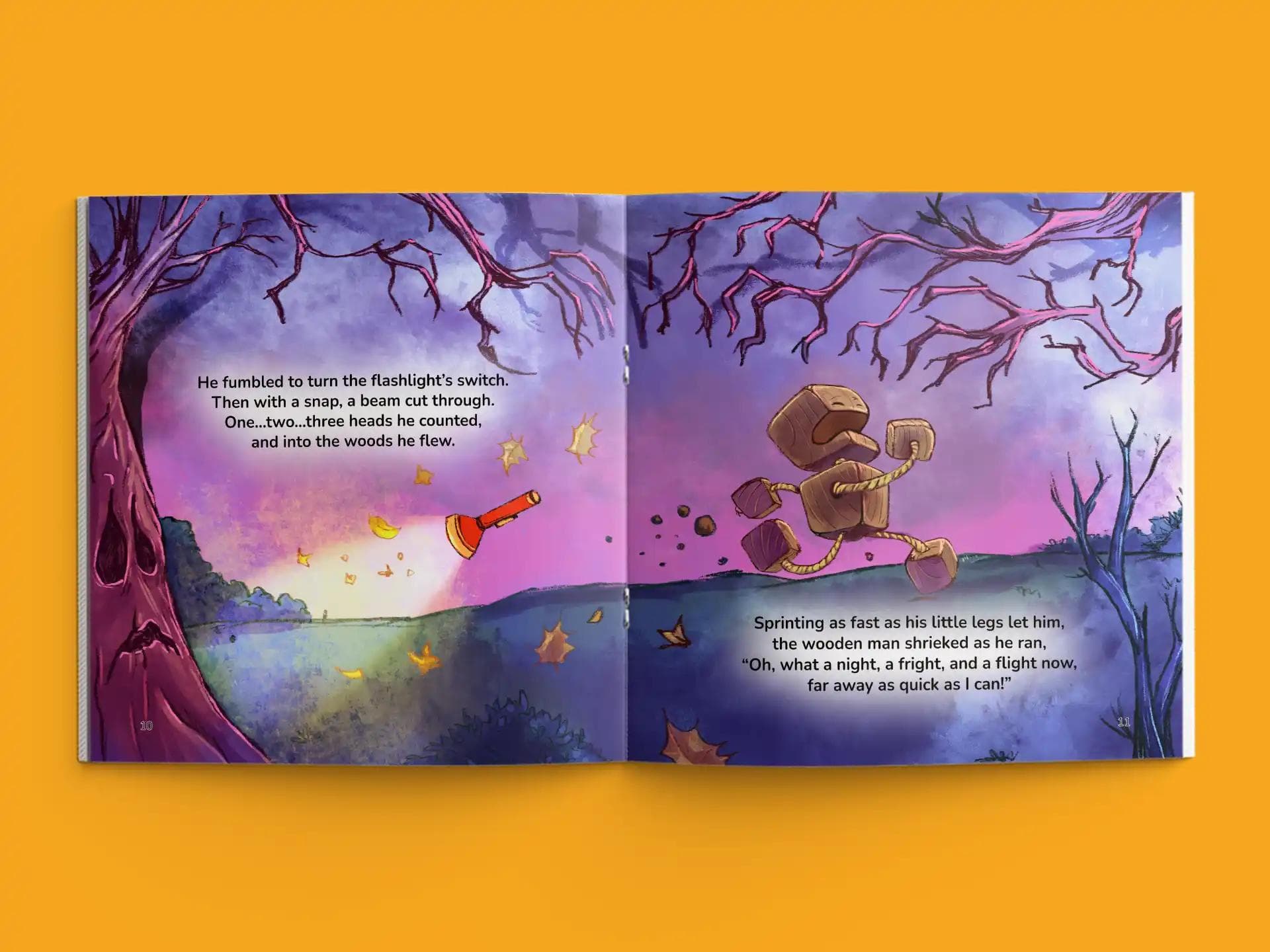 book formatting sample for THE LITTLE WOODEN MAN's HALLOWEEN by Private Client, showing Children's interior page layout by HMD Publishing