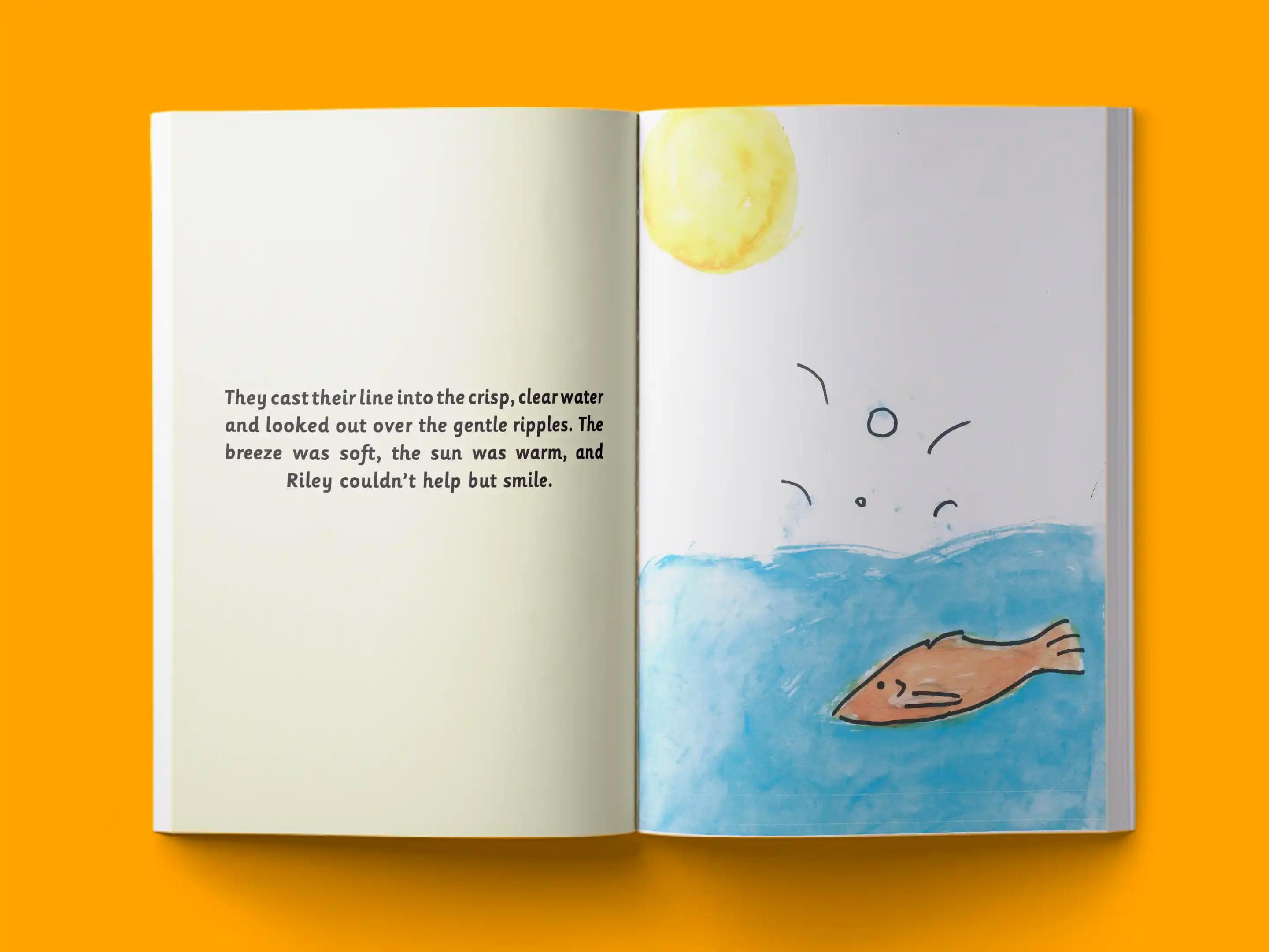 book formatting sample for Riley Goes Fishing by , showing Children's interior page layout by HMD Publishing