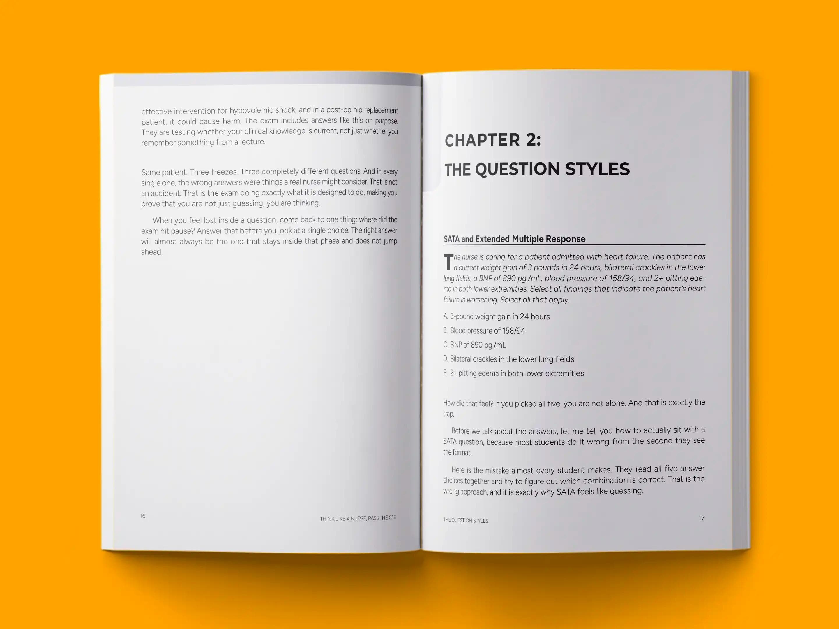 book formatting sample for THINK LIKE A NURSE PASS THE CJE by , showing Health & Wellness interior page layout by HMD Publishing