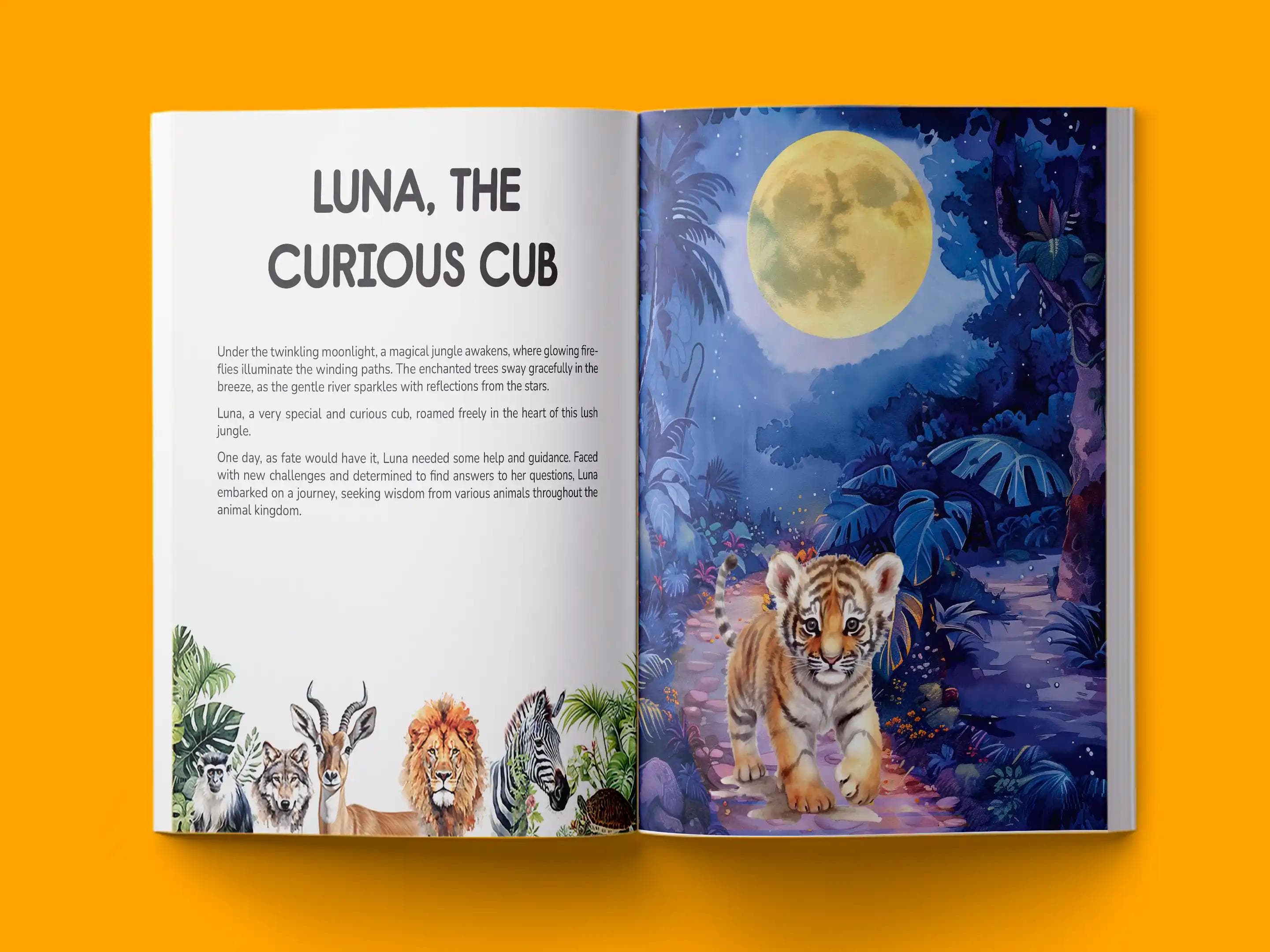 book formatting sample for Luna, The Curious Cub by Private Client, showing Children's interior page layout by HMD Publishing