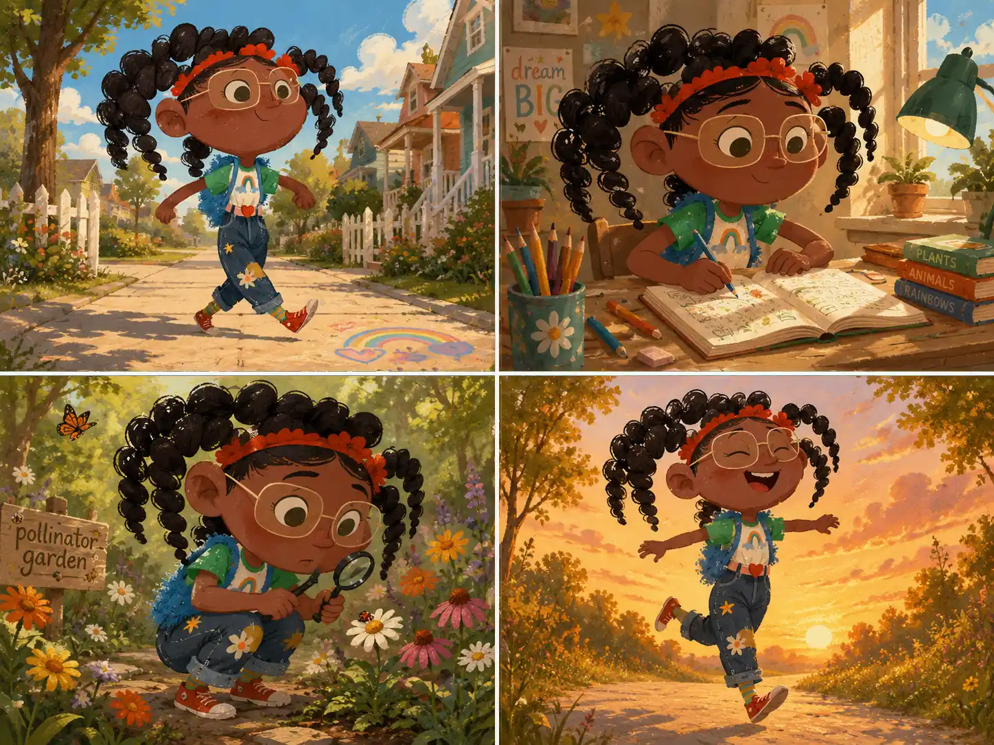 Four scenes of Rainbow Girl in round glasses and patterned denim walking a sunny street, drawing at a desk, studying a flower with a magnifying glass, and running at sunset.