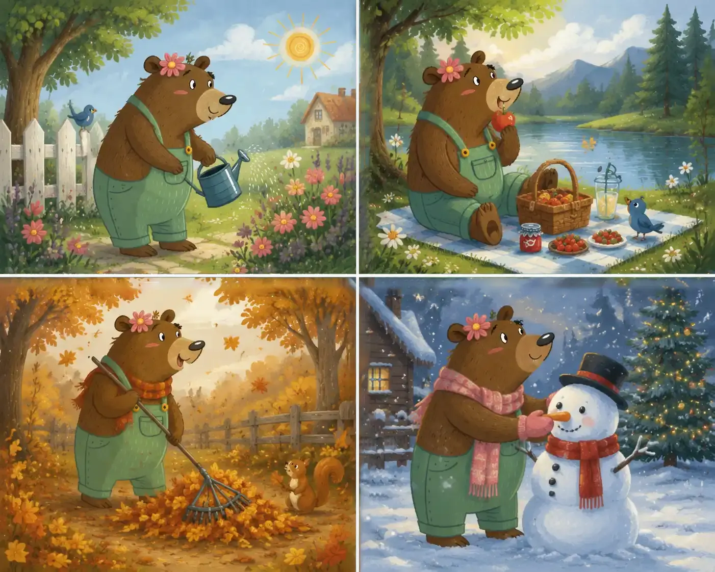 Four seasonal scenes of Blossom Bear in green dungarees watering flowers, picnicking beside a lake, raking autumn leaves and building a snowman in the snow.