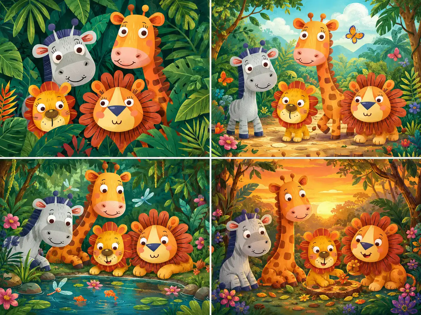 Four jungle scenes of Tavi the giraffe with a zebra and two lions, among leaves, on a sunlit path, beside a lily pond with dragonflies, and at sunset.