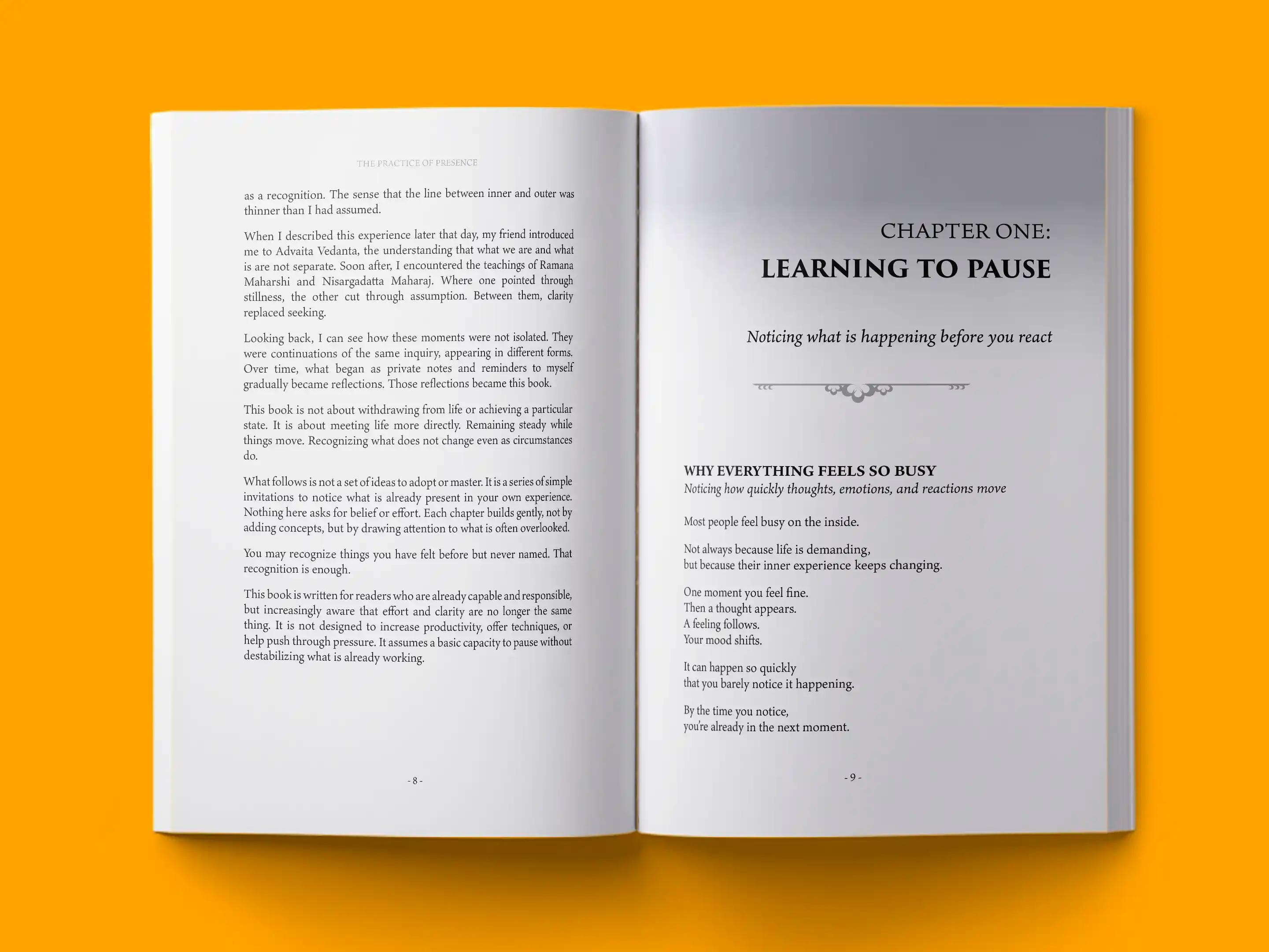 book formatting sample for The PRACTICE OF PRESENCE by Private Client, showing Self-Help interior page layout by HMD Publishing