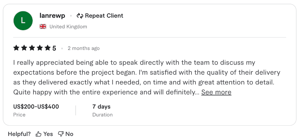 Fiverr 5-star review from Cameron Wright