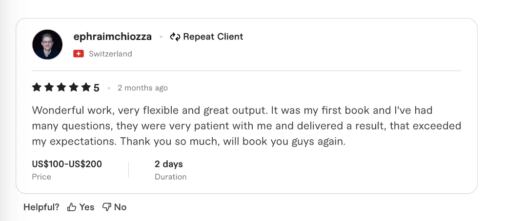Fiverr 5-star review from Ephraim L. Chiozza