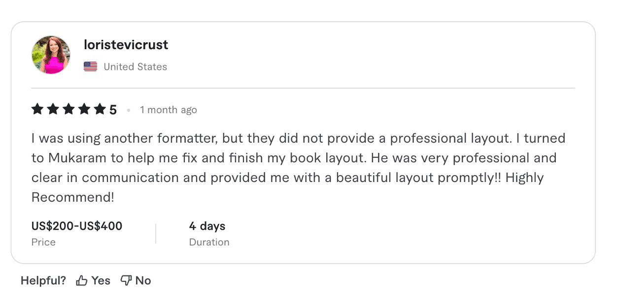 Fiverr 5-star review from Lori Stevic-Rust