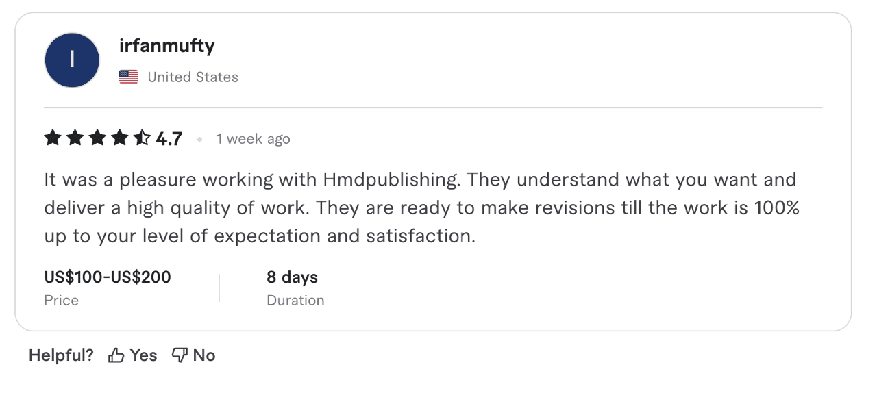 Fiverr 5-star review from M. A. Irfan