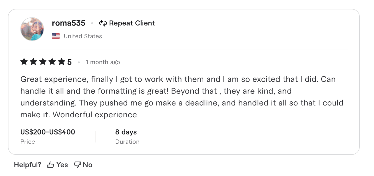 Fiverr 5-star review from Roma Williams