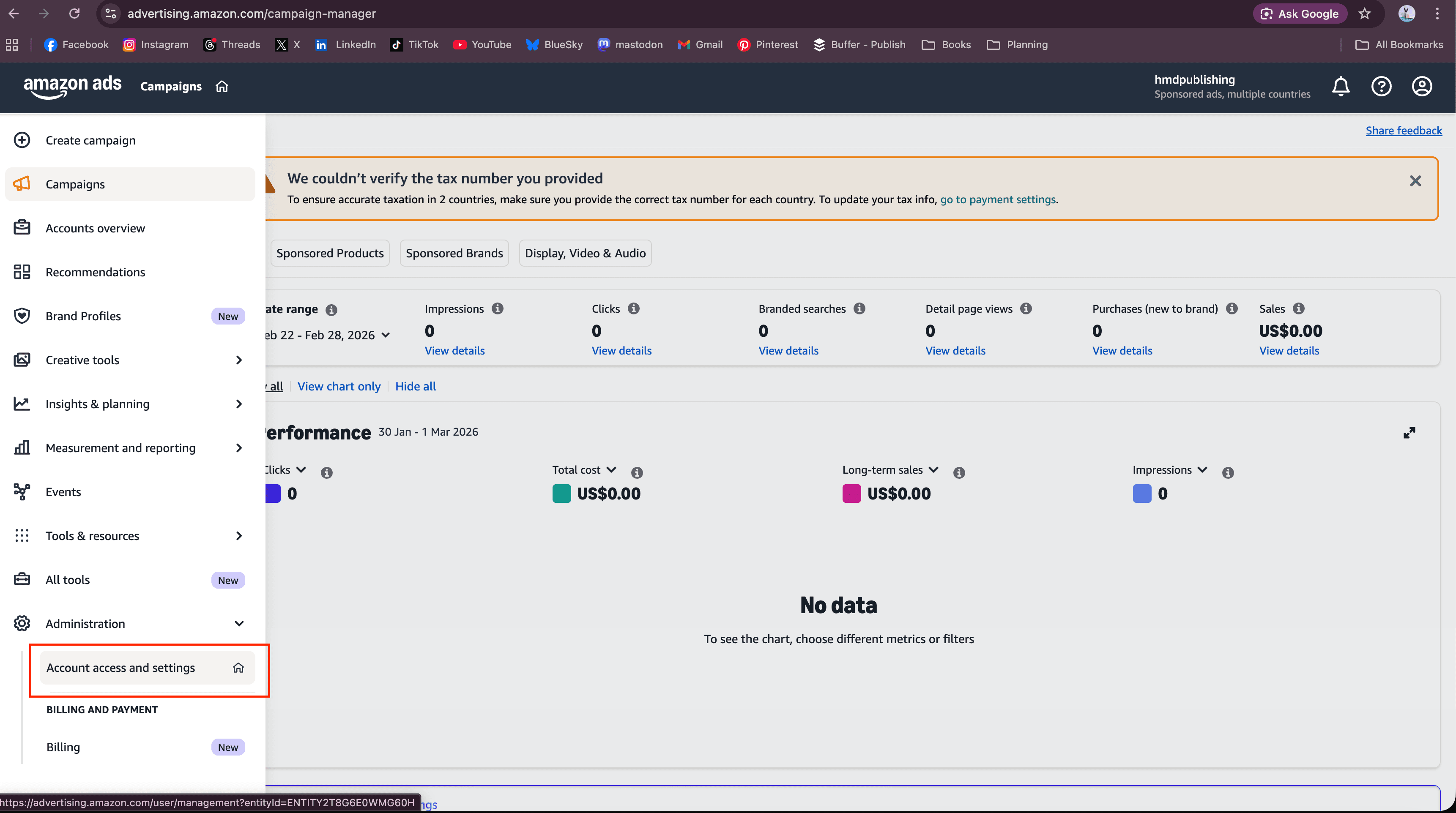 Amazon Ads Campaign Manager showing Administration menu and Account access and settings link in the left sidebar
