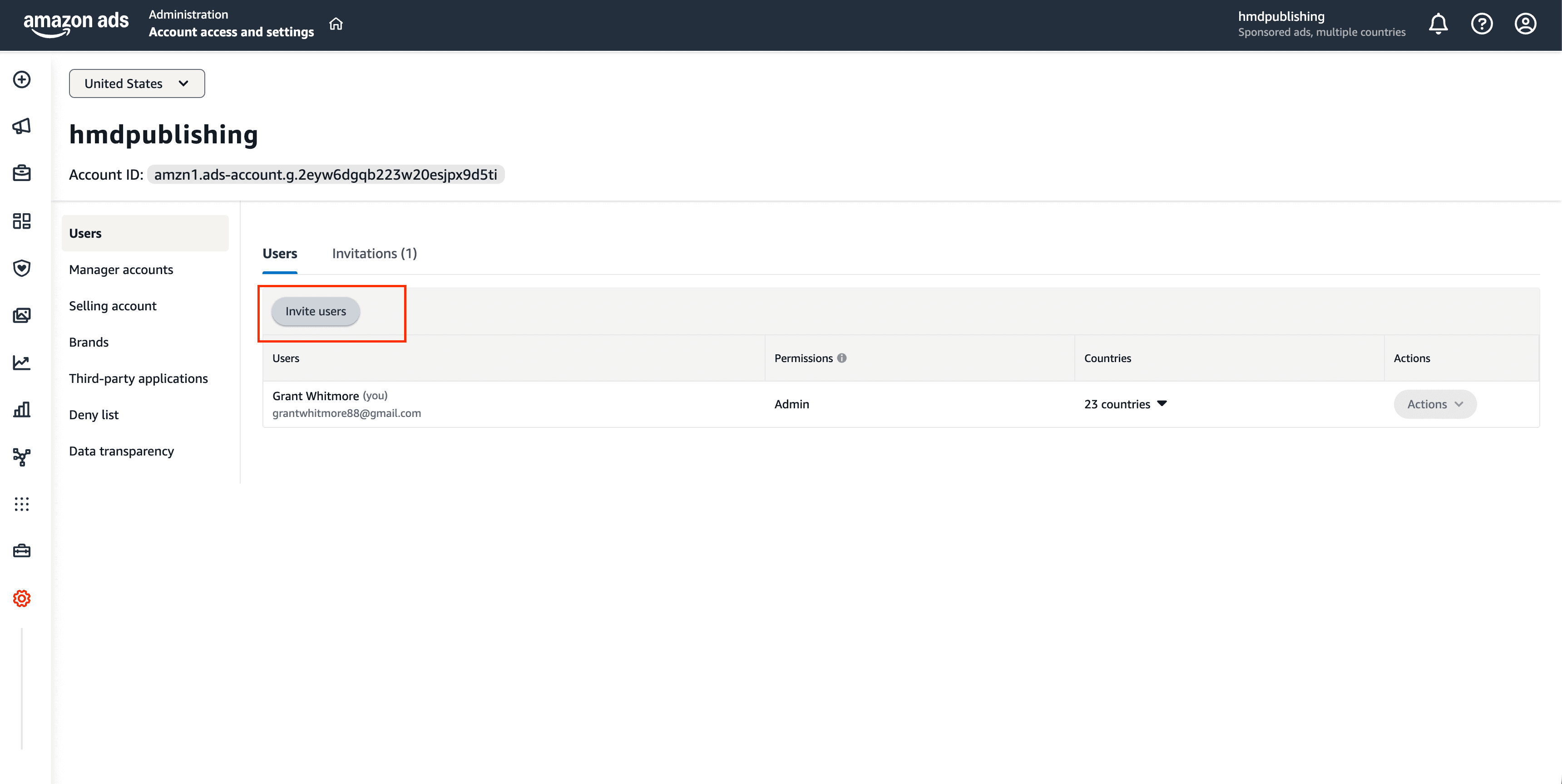 Amazon Ads Account access and settings page with Invite users button highlighted