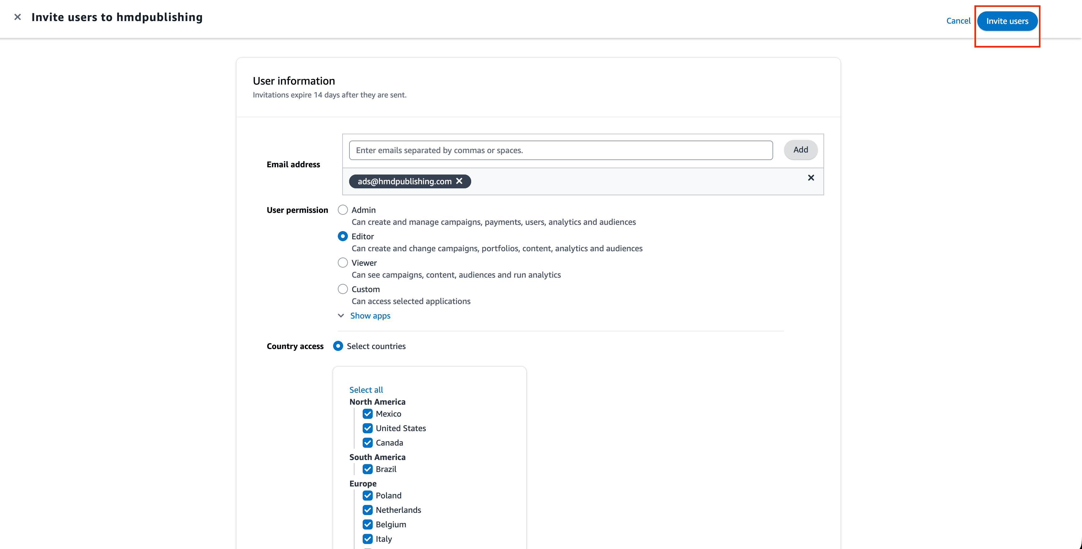 Amazon Ads invite users form showing ads@hmdpublishing.com being entered in the email field with the Add button