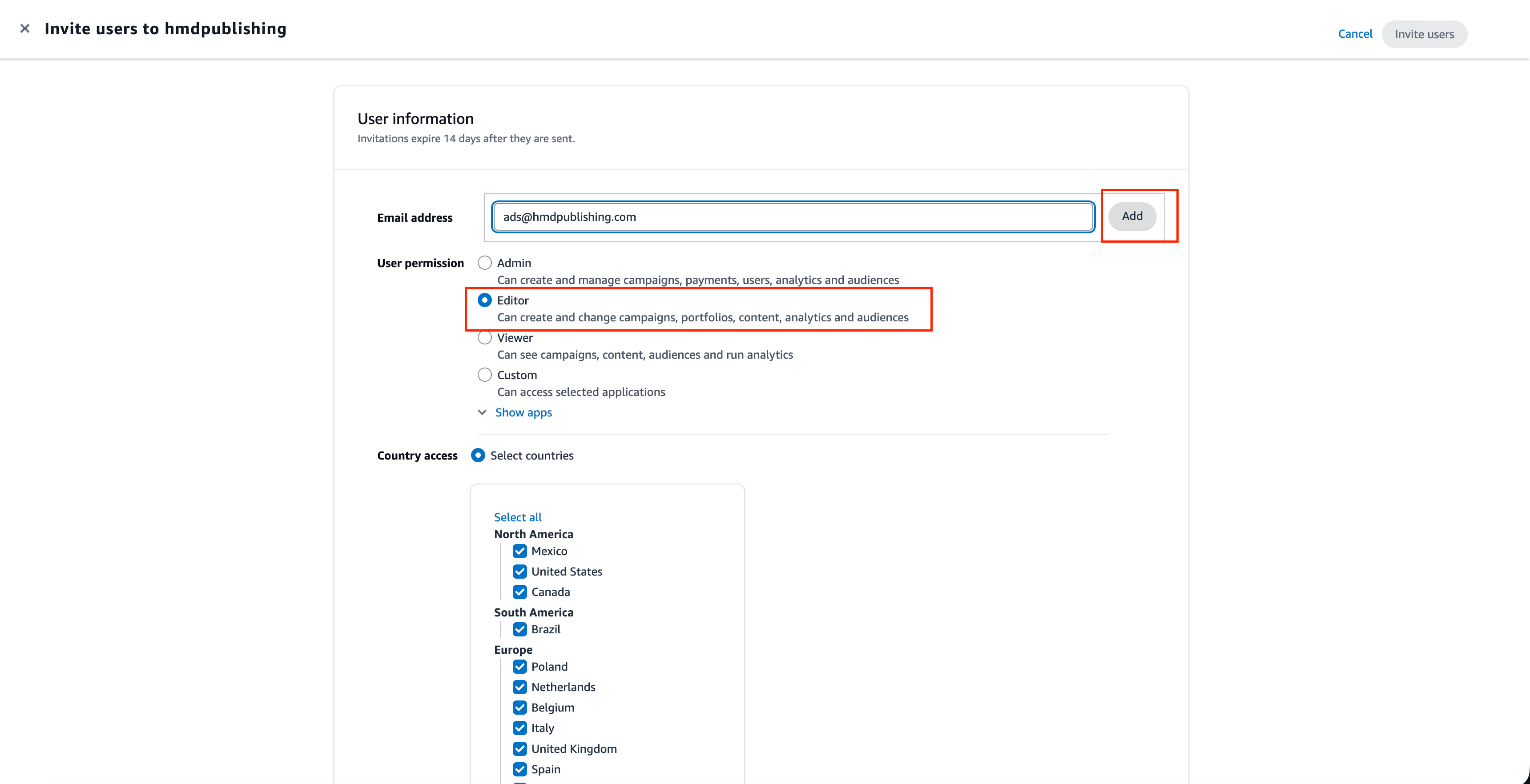 Amazon Ads invite users form with Editor permission selected, all countries checked, and Invite users button highlighted