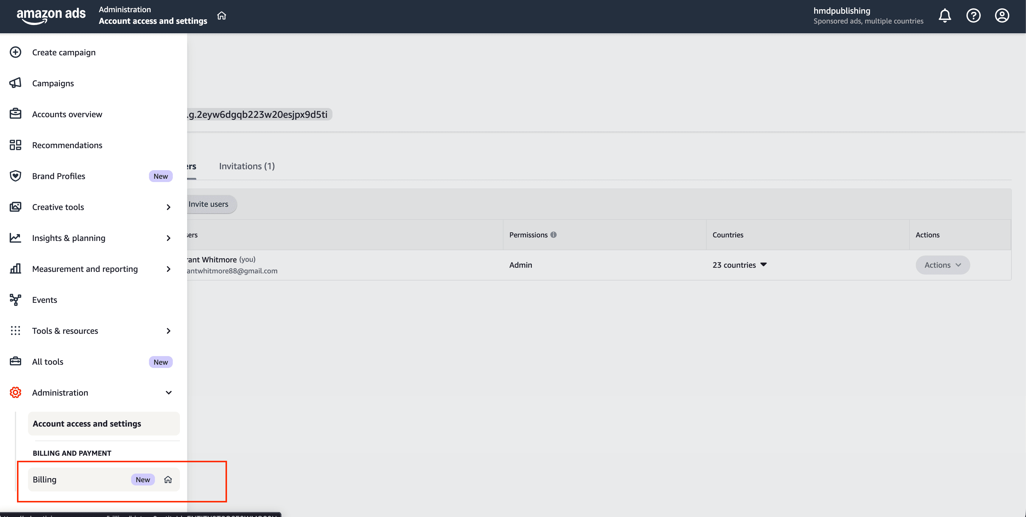 Amazon Ads Account access and settings page showing Billing link under Billing and Payment section