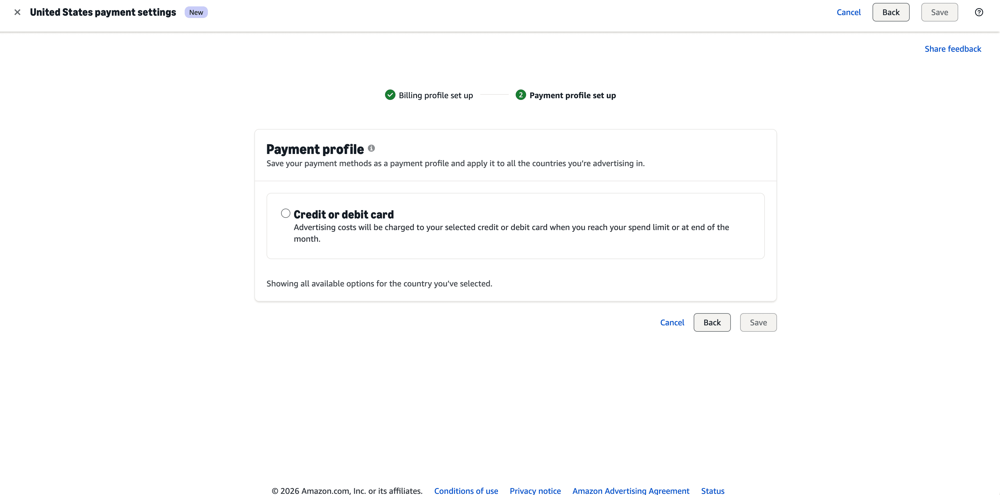 Amazon Ads Payment settings page showing credit or debit card payment profile setup wizard