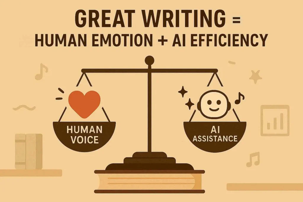 Manuscript being edited with AI writing help tools highlighting grammar issues, pacing problems, and suggesting improvements with side-by-side comparison of before and after text