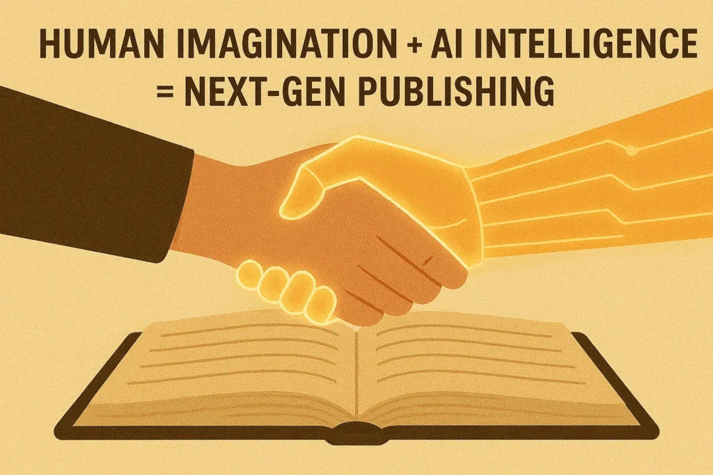 Successful self-published author working collaboratively with AI tools while maintaining creative control, surrounded by published books and reader engagement metrics