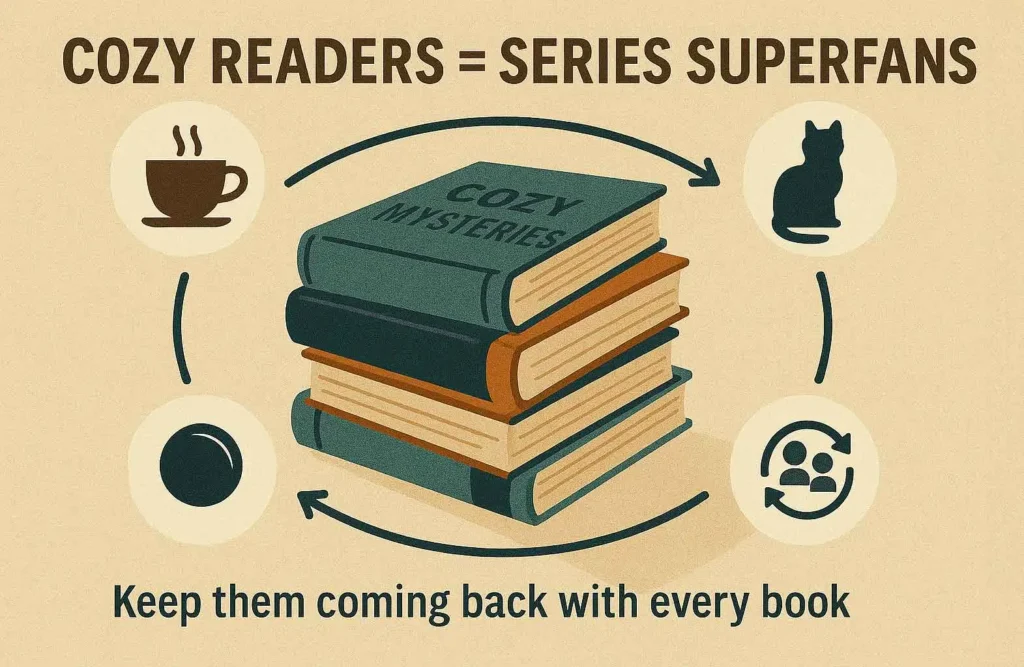 Popular cozy mystery series covers showing consistent branding and character-focused designs that drive reader loyalty in self-published fiction